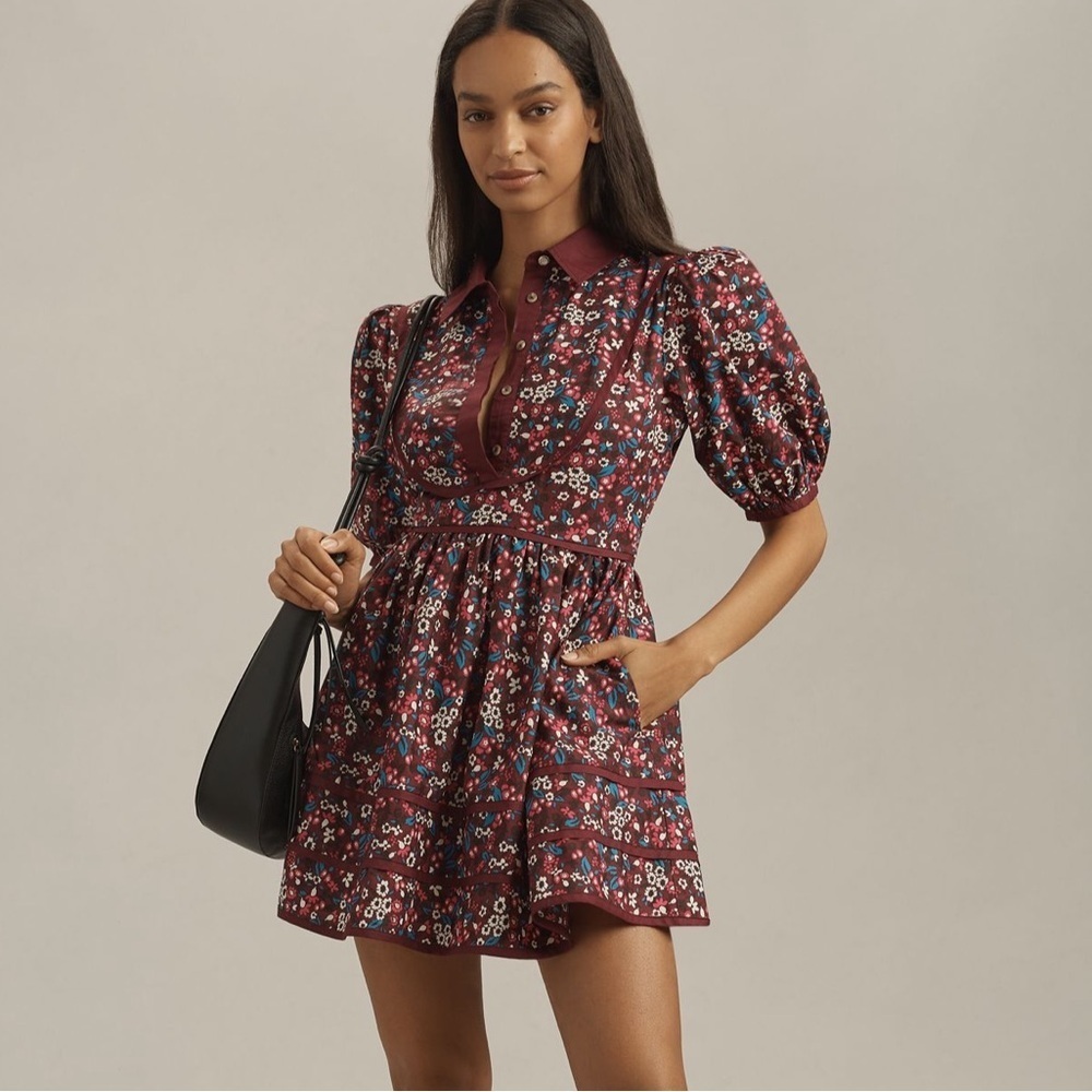 Maeve Anthropologie Puff Sleeve collared mini Dress - Burgundy size 10 NWT